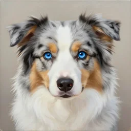 painting of a blue eye, miniature australian shepherd with white grey brown and black fur