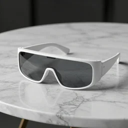 white futuristic glasses layed on a marble table, hyper detailed, 8k resolution, studio lighting, 3D model, ray tracing