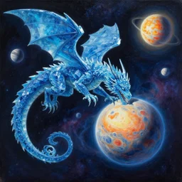 prompt Blue crystalline dragon devouring a planet, space, planets, moons, sun system, nebula, oil painting, by Fernanda Suarez and and Edgar Maxence and greg rutkowski