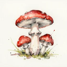 jean - baptiste monge water color on white paper watercolor sketch of mushrooms hard edges, pencil lines, drips, runs, spatter, details. red chrome. jean - baptiste monge!!!!!
