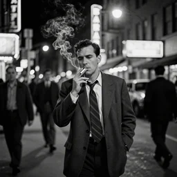 a bitter handsome 1 9 5 0 s detective smokes a cigarette as he walks through a crowded new york street at night. neon signs. light bulbs. smoke. film noir. b & w. black and white. 1 0 0 mm lens. depth of field. bokeh. gritty crime drama.