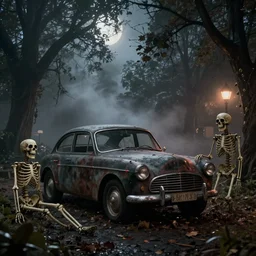 park at night, skeleton,, gloomy and foggy atmosphere, octane render, tim burton, cgsociety, artstation trending, horror scene, highly detailed