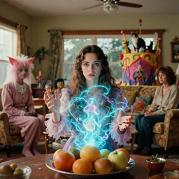 movie still by alejandro jodorowsky of a beautiful day in a family living room in a suburban neighborhood usa, visible magic energy, dream creature costumes, telekinesis fruits, gucci wearing cats, magic parade float, cinestill 8 0 0 t eastmancolor technicolor, high quality, very detailed, heavy grain, fine facial features, 8 k, octane render h - 7 0 4