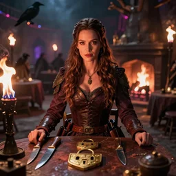 kate beckinsale sit behind table with knives and lockpics, she is weared as fantasy thief with tools on belts, dark medieval tavern with torches and fireplace, crowdy, bokeh effect, colorfull digital fantasy art, 4k