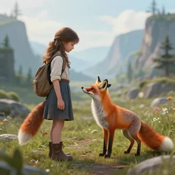 a girl meeting a fox on a fantasy landscape, 4K, high details, fantasy