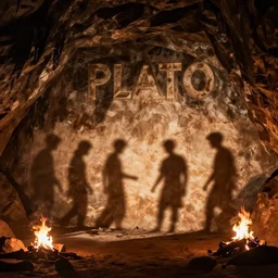 cave of plato. bonfire shadows. human shadows on the wall. cinematic light