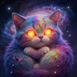 a psychedelic cat creature purring and snuggling with an entire galaxy, incredible digital art, the cats eyes are like bright burning suns