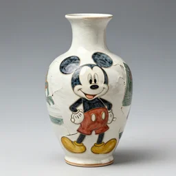 vase work, vase art of Mickey Mouse in art style of chinese art, fragmented clay firing chinese vase with an Mickey Mouse in the style of ancient chinese art, ancient chinese art!!!!! chinese art