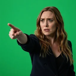 Elizabeth olsen angry and pointing , green screen background, cinematic shot