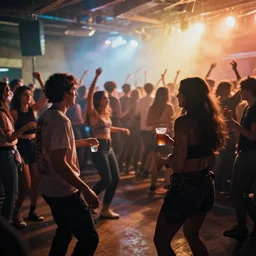 friends dancing at an alternative concert with drinks, crowd in the back, abstract