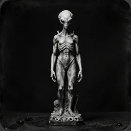 wet plate photography, dark background, alien statue by beksinski