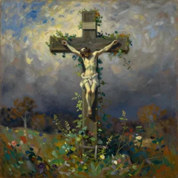 vintage beautiful painting of a christian cross being overgrown in Mary Cassatt style