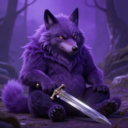 cute handsome cuddly burly surly relaxed calm timid werewolf from van helsing holding a sword unreal engine hyperreallistic render 8k character concept art masterpiece screenshot from the video game the Elder Scrolls V: Skyrim deep vibrant violet purple lavender atmospheric dramatic