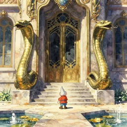establishing shot, detailed water color, character dwarfed by colossal brass snake statues, animation key shot of the great temple, door, stone steps, symmetrical statues, sunlight, ornate, rust, art deco, versailles, fountain!!!! with gold lily pads!!!, by the best watercolor artist, fantastic architecture, dry, dusty, dappled sunlight
