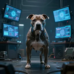 cyborg - pitbull, surrounded by screens, in the future, y 2 k cybercore, industrial low - light photography, still from a ridley scott movie
