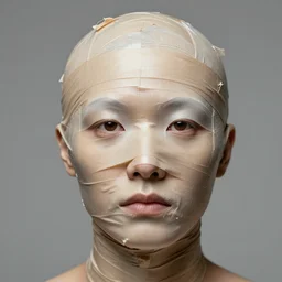 a studio portrait of a head completely wrapped in duct tape.
