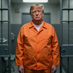 photographic still of donald trump in jail, orange prisonner gear, medium shot, photorealistic, ultradetailed, filthy and humid prison, natural light, by terry richardson