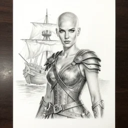 A beautiful woman warrior, faded background of a pirate ship at a deserted island, realism pencil drawing on white paper, bald lines