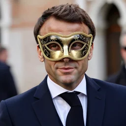 Emmanuel Macron in Venice wearing a carnival mask , 150mm photography, high quality, 4K