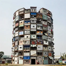 a circular tower, made up of makeshift squatter shacks, dystopia, sony a 7 r 3, f 1 1, fully frontal view, photographed by andreas gursky
