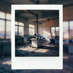 analog polaroid of an abandoned laboratory, light through windows, color bleed