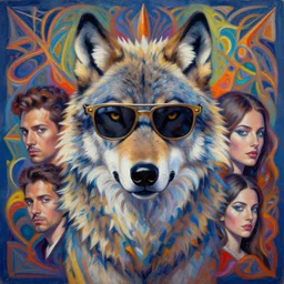 spirit wolf wearing sunglasses by GEOGLYPHIKS by FABIÁN JIMÉNEZ by MICHAEL DIVINE by AMANDA SAGE in the style of oil painting visionary art, intricate oil painting artwork. , trending on artstation, very coherent symmetrical artwork, oil painting