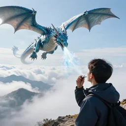 dragon that breathes ice flying in the clouds looking at a human holding a whistle on a mountain