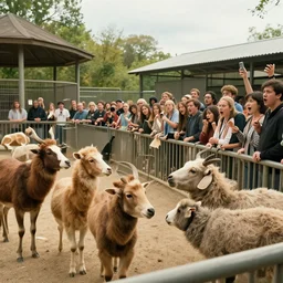 a petting zoo with only vicious animals. patrons are shocked by the size of the animals. big budget movie still.