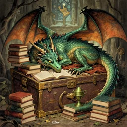 A dragon sleeping on a hoard of books, by Randy Vargas