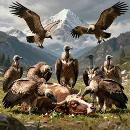a group of griffin vultures eating a dead cow in avila mountains, 4 k, concept art, by wlop, ilya kuvshinov, artgerm, krenz cushart, greg rutkowski, pixiv. cinematic dramatic atmosphere, sharp focus, volumetric lighting, cinematic lighting, studio quality