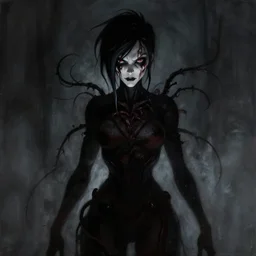 dark portrait painting of tracer from overwatch, in style of zdzisław beksinski, scary, horror, 4 k, feminine facial features, overwatch tracer character, horror, body horror, silhoutte, disturbing, detailed face, dressed in dark garment, black tendrils, tall,