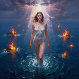 aerial painting of a giant beautiful female, standing deep in the ocean, the sky and islands are on fire, atmospheric lightning, godray, concept art, in the style of bob byerley, 8 k high details