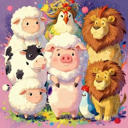 a vibrant emotional graphic novel page of cute xenomorphic cow sheep pig chicken dog lion, studio ghibli, pixar and disney animation, sharp, disney concept art maximalist splatter paint illustration by shinji kimura and alphonse mucha and alena aenami, pastel color palette, bloom!!, dramatic lighting
