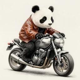a panda in a brown leather jacket riding a motorbike, modernism, colored pencil sketch, 8 k, ultra detailed