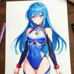 woman ; blue hair ; pink eyes ; bright colours ; idol ; ; wearing bodysuit ; drawn by mengo yokoyari and artgerm ; digital art ; high detail ; trending on artstation ; anime key visual