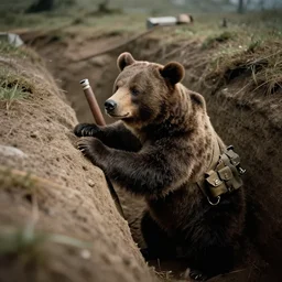 tilt shift wwi bear pondering over a dug out trench, dramatic light, zdzidaw, ultrafine, hyperrealistic, vintage, retro, 3 5 mm film still, movie