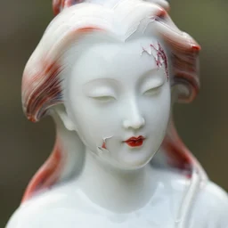 photography facial portrait of real white ceramic japanese sensual painted porcelain sculpture of a woman looking like megan fox delicate partially cracked broken, red lips, colored hair, nacred white, natural background, natural pose, back lighting, translucent, thin porcelain, porcelain cracks and peeled painted, translucent, subscattering, highly detailed, intricate detail, eyelash, photography by paolo roversi, nick knight