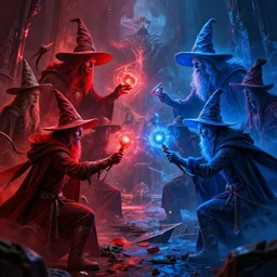 a mind - blowing, epic movie poster, depicting a battle between red and blue fantasy style wizards, wearing wizard hats, magic, cinematic, dnd, high quality