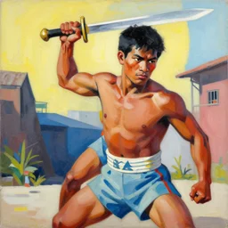 greg manchess portrait of a filipino fighter dropping his sword, organic painting, sunny day, matte painting, bold shapes, hard edges, street art, trending on artstation, by huang guangjian, gil elvgren, ruan jia, randy vargas, greg rutkowski