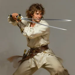 character concept portrait of happy Aaron Taylor Johnson as a swashbuckler attacking with a rapier, fit, abs, robes, elegant, dynamic perspective, digital painting, concept art, smooth, sharp focus, illustration, from Metal Gear, by Ruan Jia and Mandy Jurgens and William-Adolphe Bouguereau, Artgerm