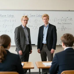 Two blonde male mathematics teachers together in a university class near a whiteboard, reykjavik junior college, fashion photography by Annie Leibovitz, hyperrealistic, highly detailed, depth of field, High definition, 8k,  octane render, artstation