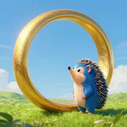 ( ( a cute blue hedgehog looking up at a large ring made of gold in the sky, cover art ) ), large gold ring!, blue fur, gold ring, beautiful green hill, extremely detailed, fantasy painting, by jean - baptiste monge!!!!