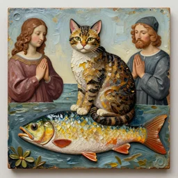 a cat sitting on a large fish painted, in 3 d impasto relief style by various renaissance artists