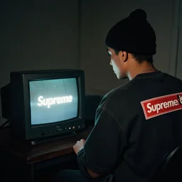y 2 k cutecore person looking at a vintage crt, low - light photography, supreme lookbook photography