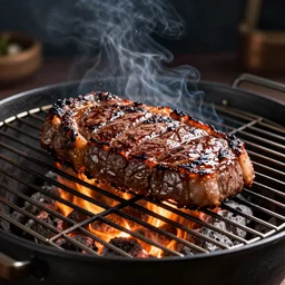 a thick steak cooking on a charcoal grill