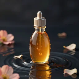 klein bottle filled with honey surrounded by dark water with floating flower petals, octane render, trending on artstation, product photography