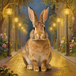 a beautiful painting of a rabbit, centered, looking into the camera, on a street paved with gold and warm streetlights in a magical art nouveau city with many flowers and trees, highly detailed, smooth, sharp focus, intricate, fantasy, trending on artstation, elegant, detailed rabbit in the middle, by Thomas Kinkade
