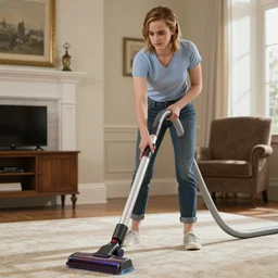 emma watson vacuuming, professional photography, realistic, detailed, photorealistic