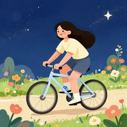 happy beautiful cartoon woman cycling through interstellar flowers field