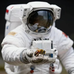 an astronaut holds a bee in his hand, still photo, well lit, masterpiece, highly detailed